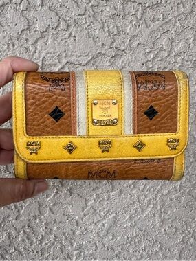 MCM Yellow and Tan Monogram Logo Compact Wallet